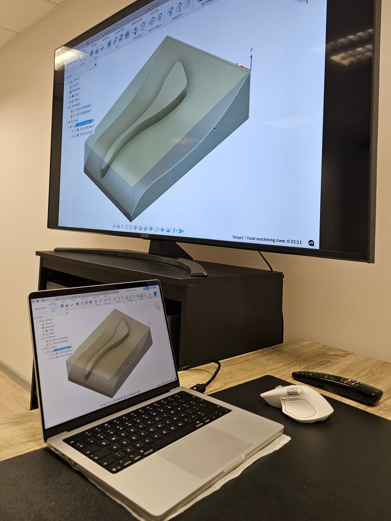 CAM model and machining-time estimate before cutting