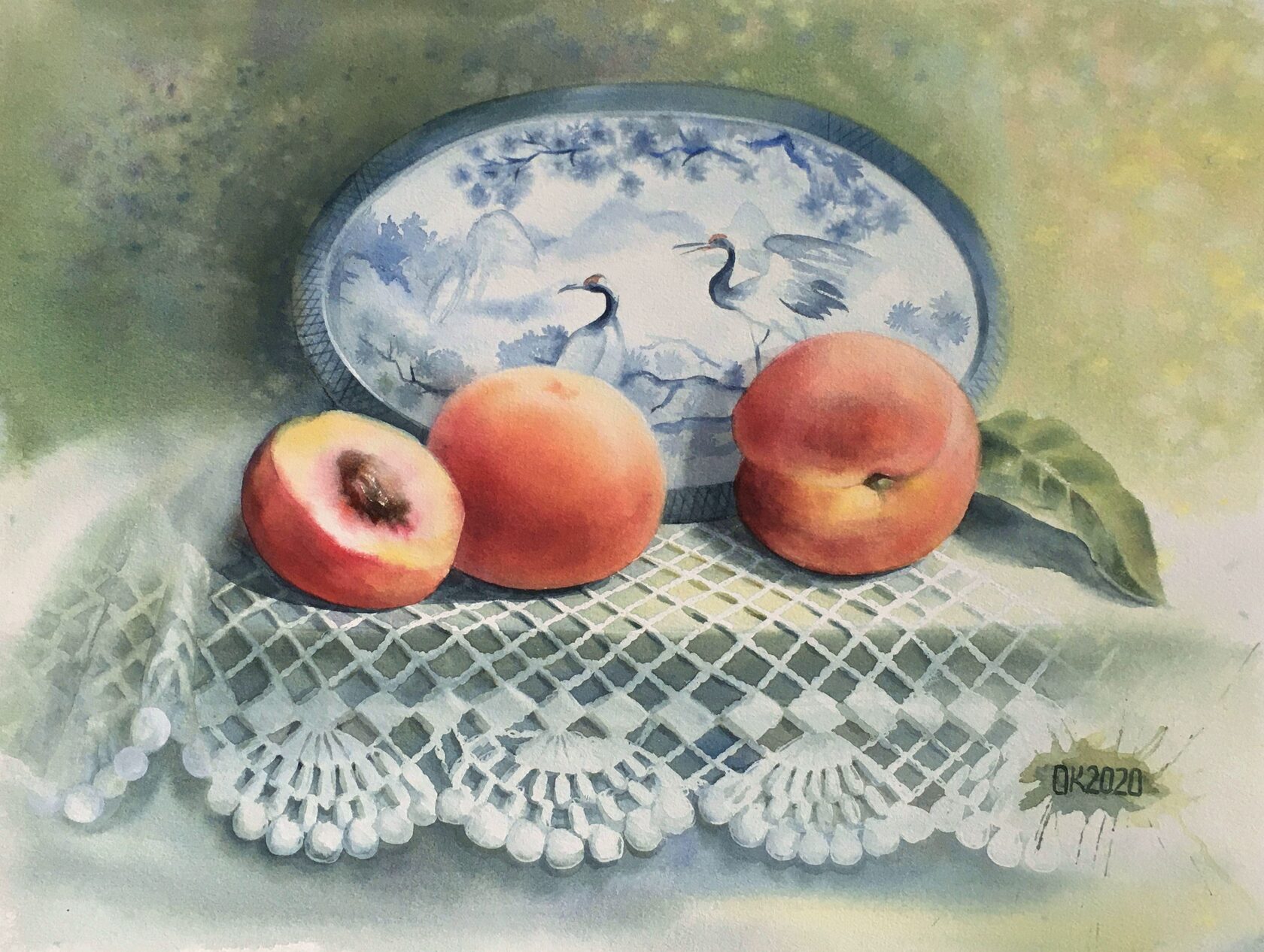 Peaches watercolor painting, still life art watercolors, floral artist OXYPOINT Oxana Kravtsova, painting for sale