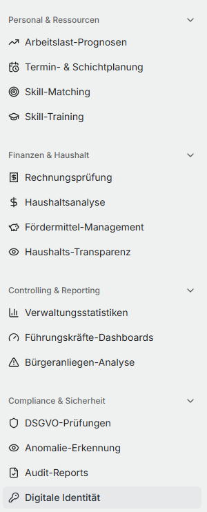 Funktionsmenü des Verwaltungsportals mit Personalplanung, Haushaltsanalyse, Controlling, DSGVO-Prüfungen, Audit-Reports und digitalen Identitäten