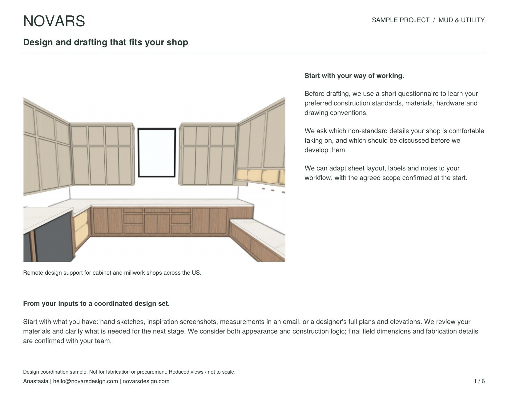 NOVARS sample project title sheet for a mud and utility room, listing shop standards intake