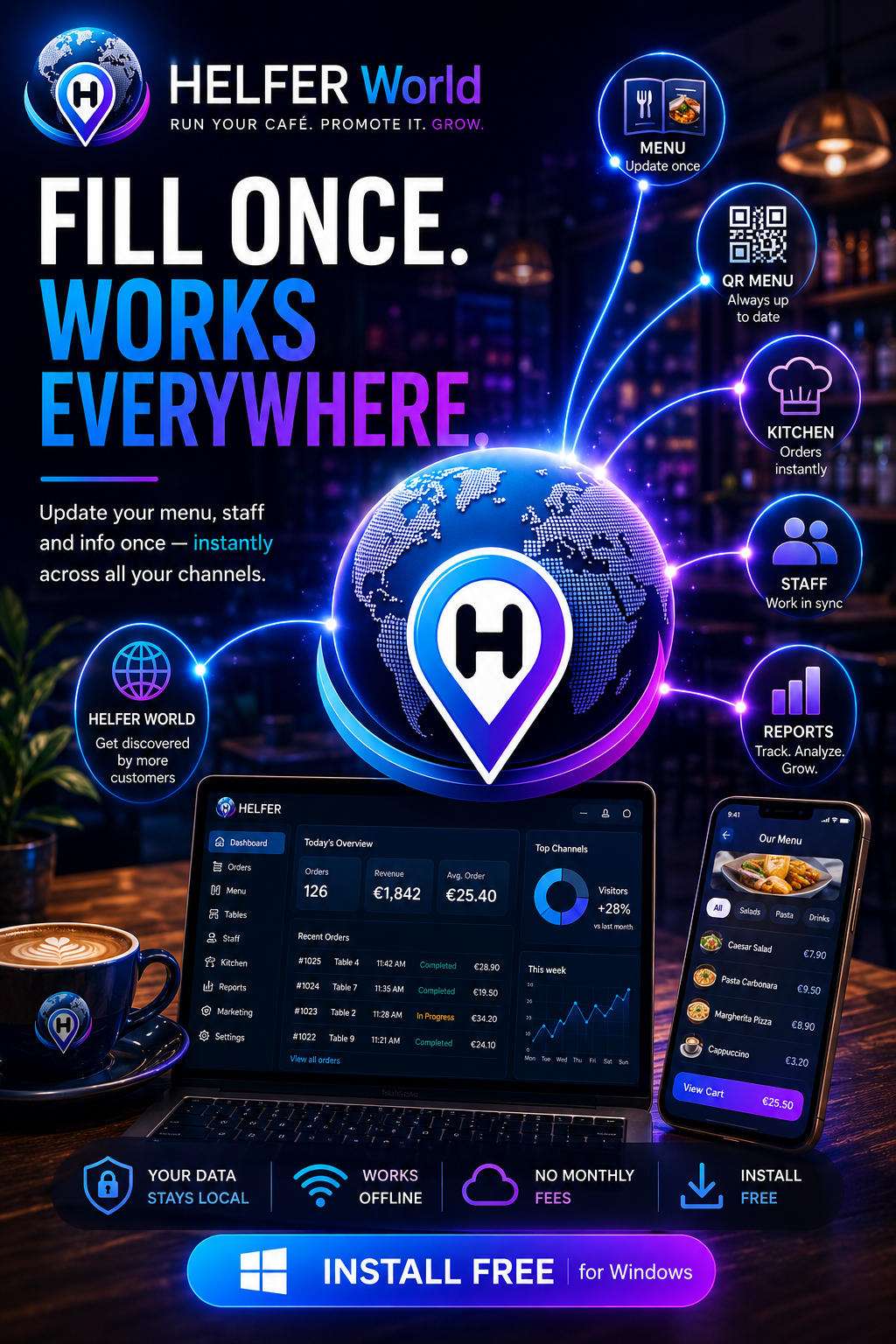 HELFER World — café management dashboard and mobile menu