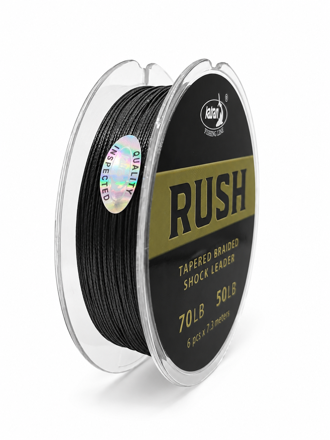 Katran RUSH spool showing tapered braided shock leader product label