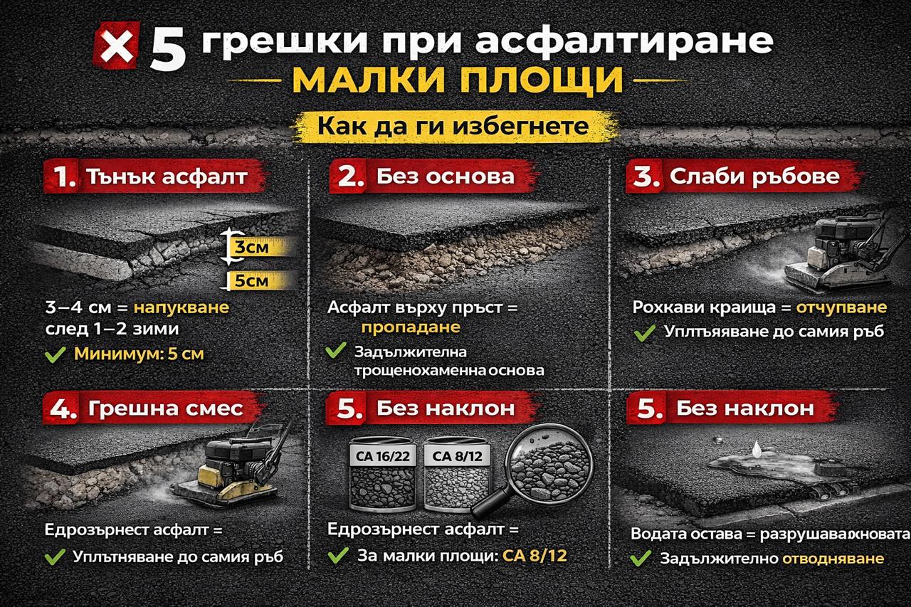 Инфографика 5 грешки при асфалтиране на малки площи – тънък слой, липса на основа, лошо уплътняване и дренаж