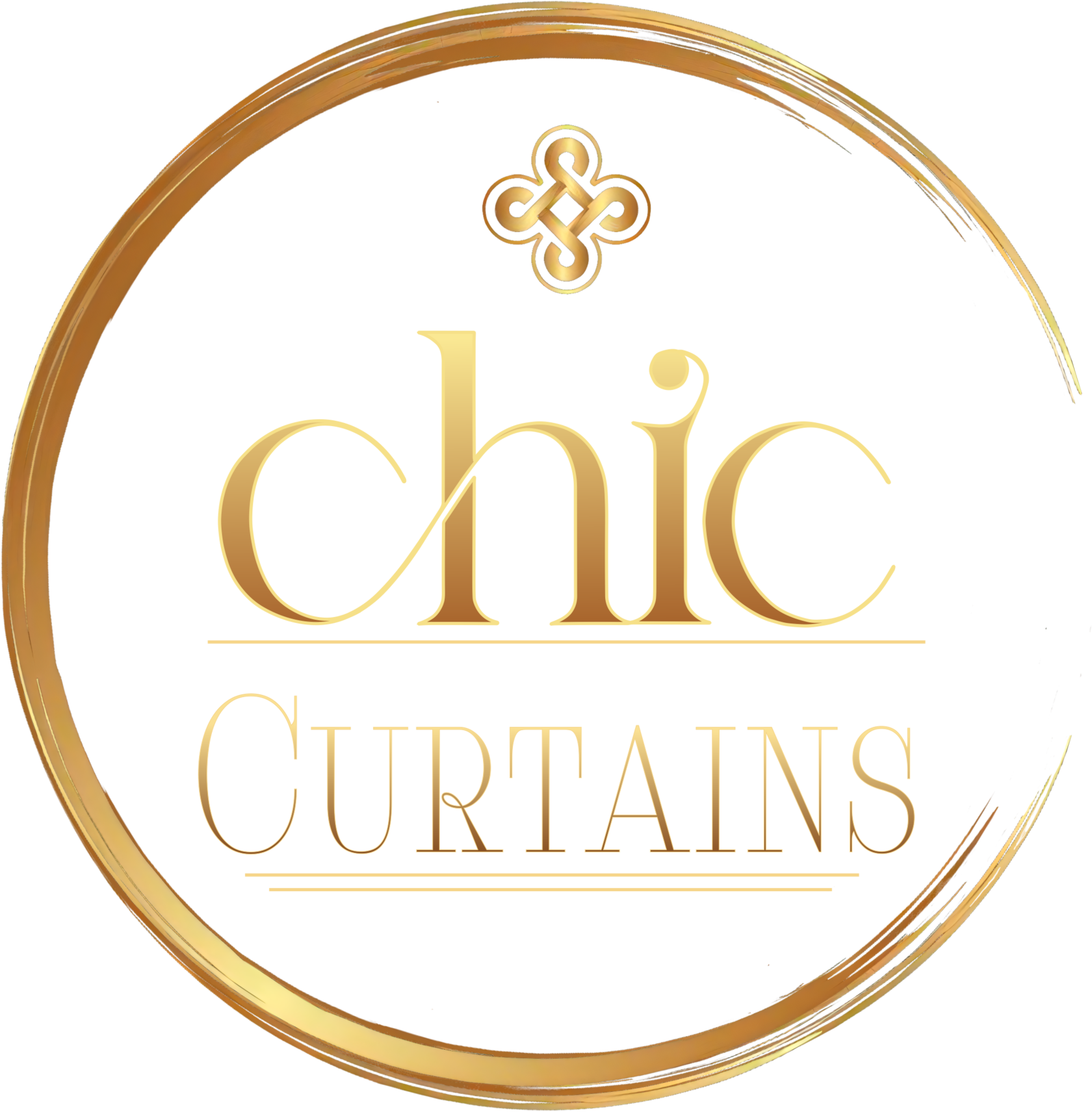 CHIC Curtains brand logo with a golden monogram above 'chic' in stylized lowercase letters and 'CURTAINS' in elegant uppercase, representing a custom curtain and home decor studio.