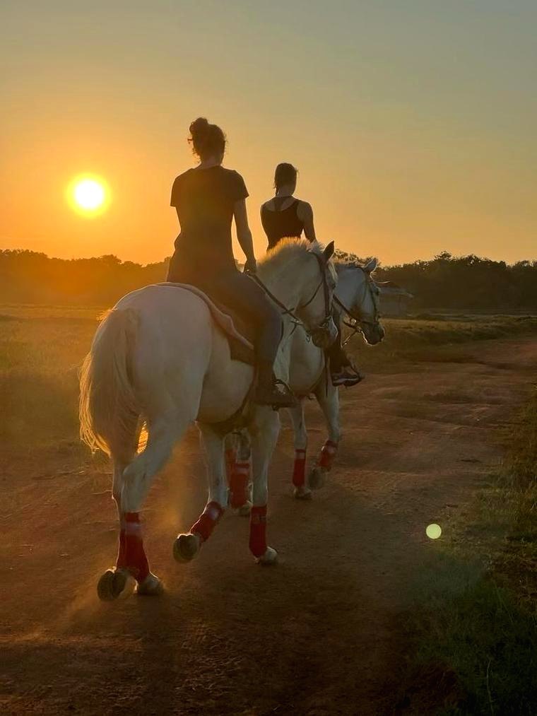 Riders on horseback during a sunset trail ride at Vonfidel Ranch in Sri Lanka