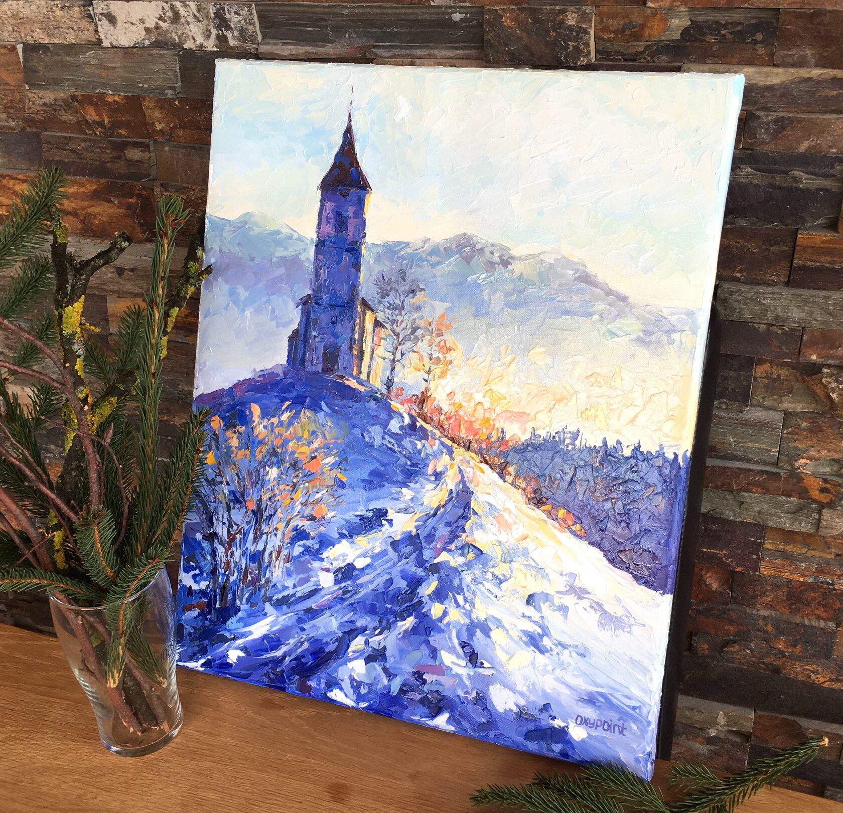 snow oil painting, Church of St. Primož and Felicijan, Jamnik, Slovenia art