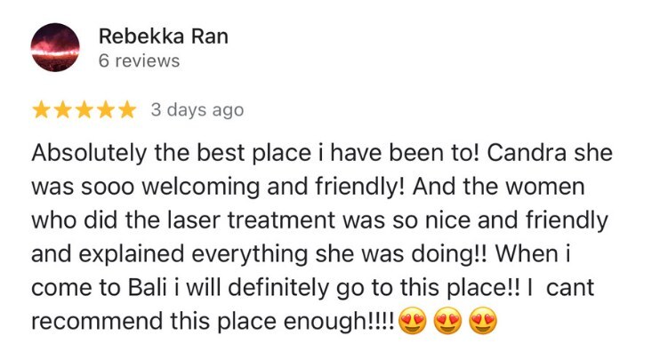 Google review by Rebekka, 5 stars: the best place, Candra was welcoming and friendly and explained everything she was doing.