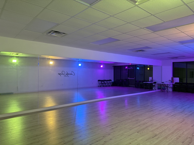 Wide mirror wall inside the CandyShop Dance rental studio