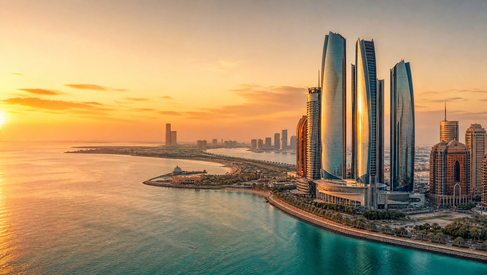 Abu Dhabi Corniche skyline at golden hour