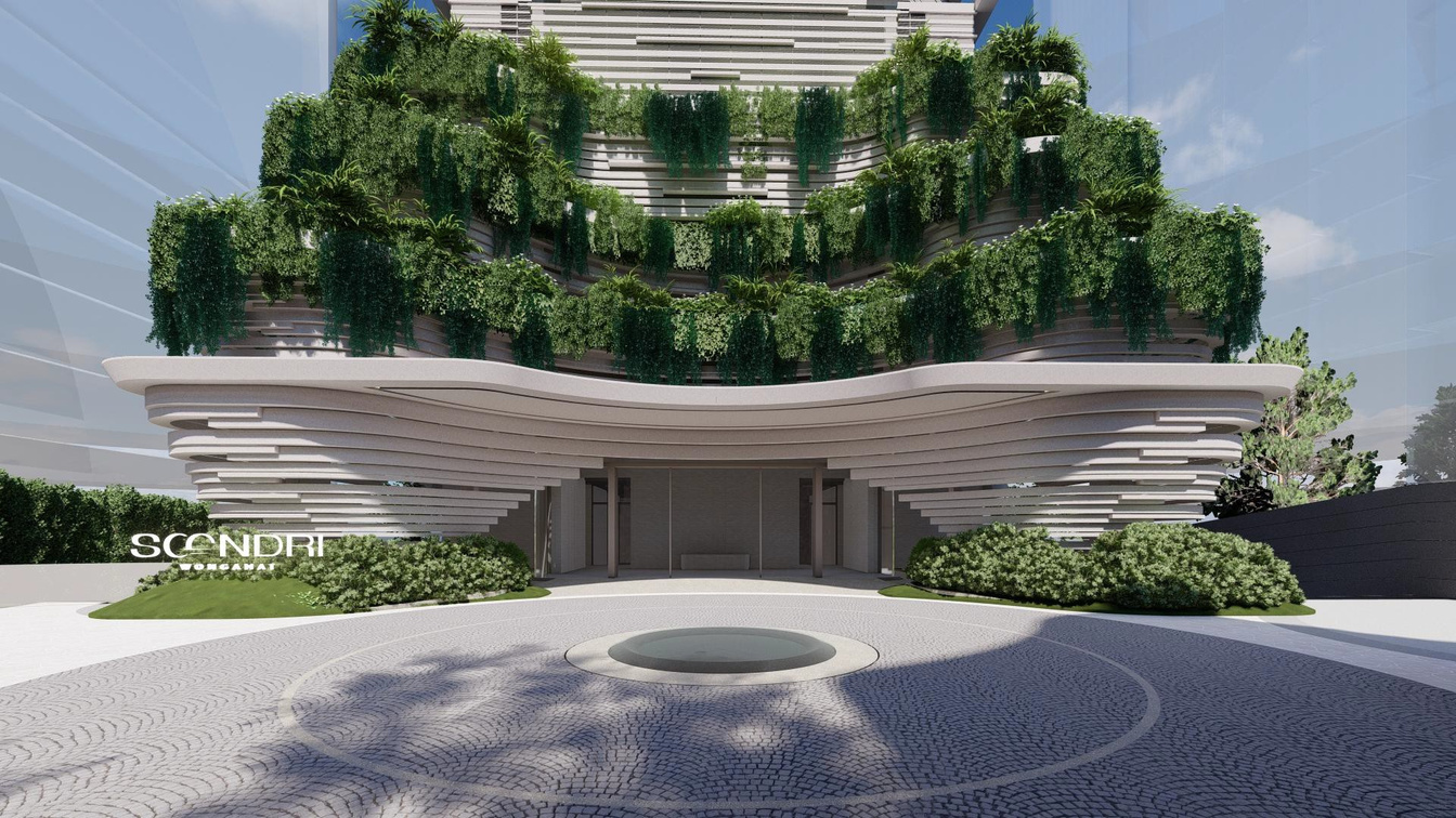 Green landscaped podium and entrance of Soondri Wongamat, Pattaya