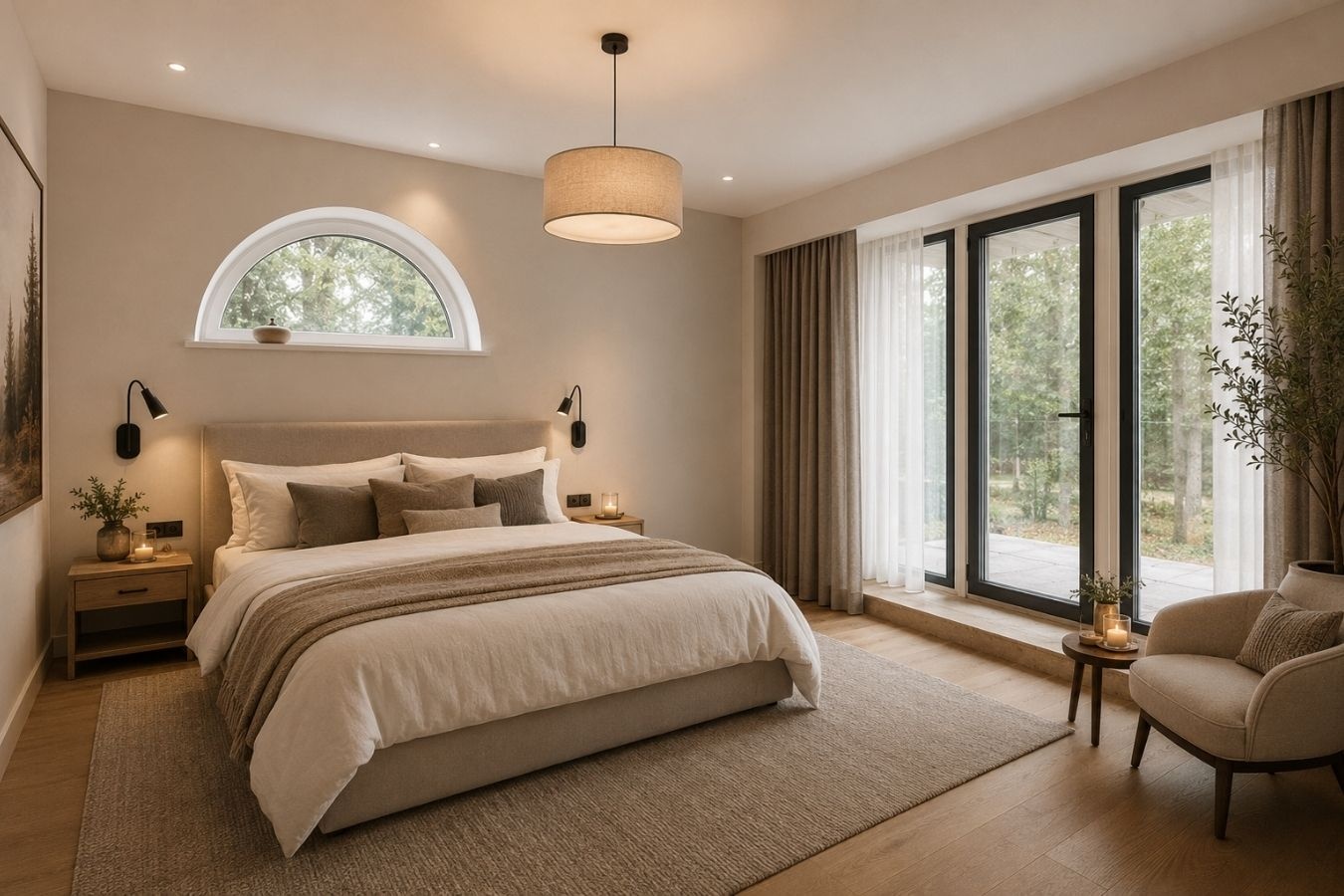 Ilustratīva attīstības vīzija of the same arched-window guest room as a finished bedroom