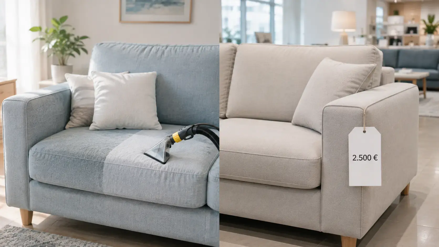 Sofa wird gereinigt neben neuem Sofa mit Preisschild – Polsterreinigung statt Neukauf in Frankfurt