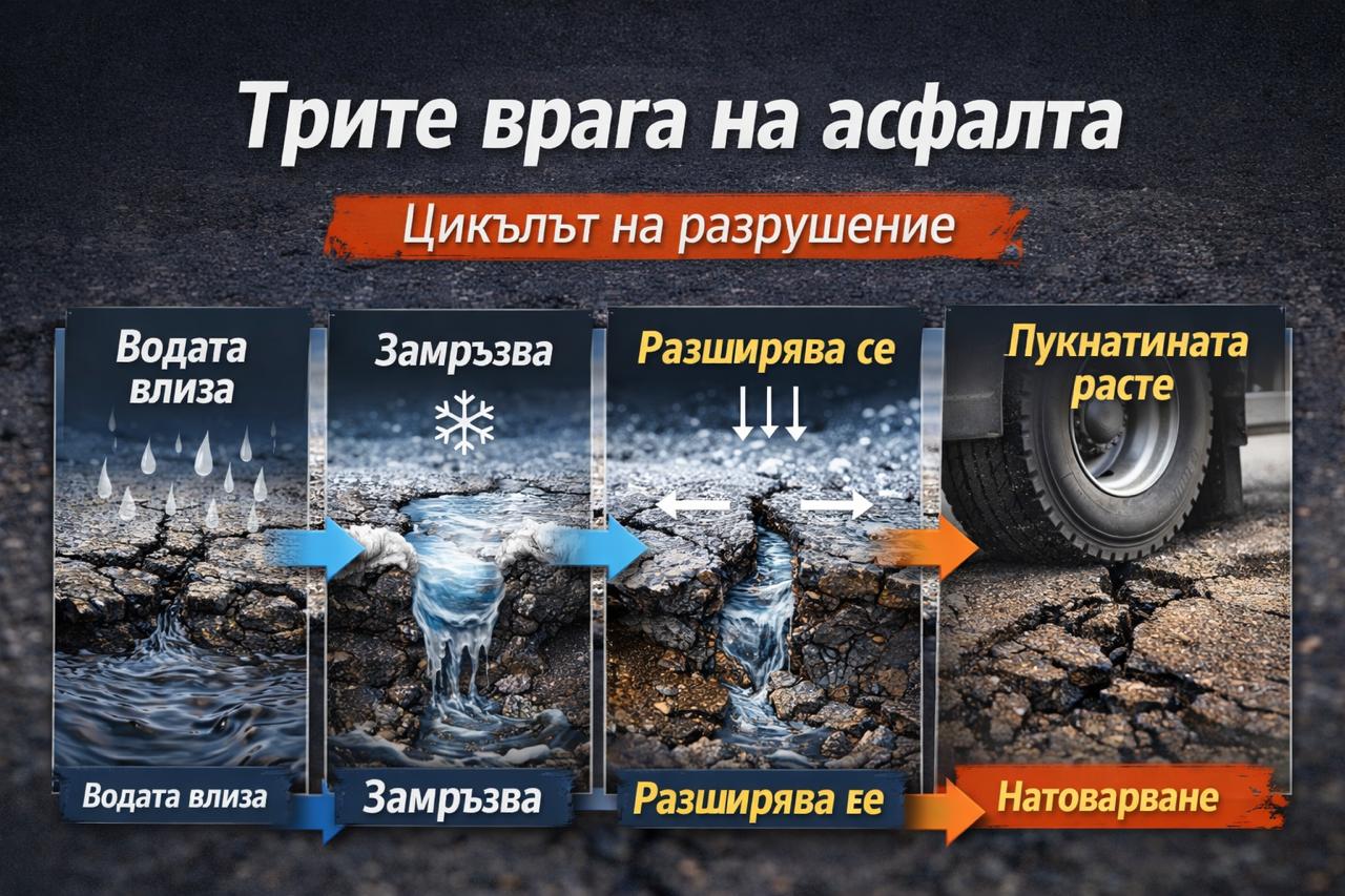 Цикъл на разрушаване на асфалта – вода, замръзване и натоварване разширяват пукнатините
