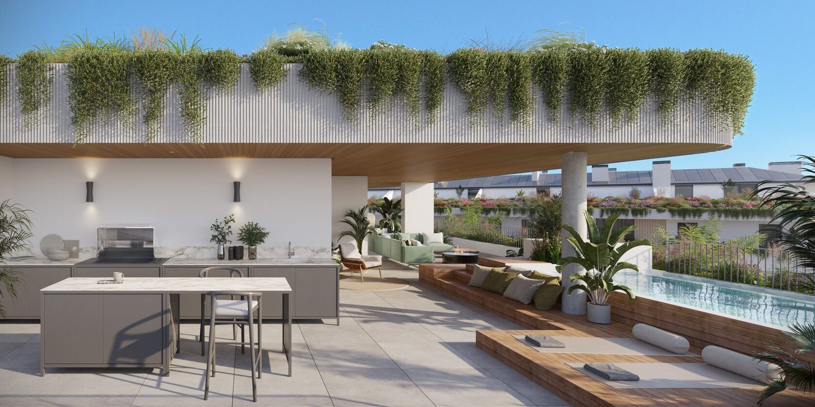 Roof terrace with private pool and outdoor kitchen at The Grove, Marbella West