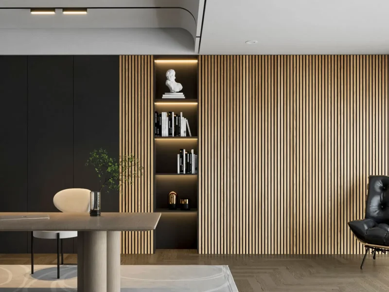 Premium modern living room with vertical natural wood slat feature wall