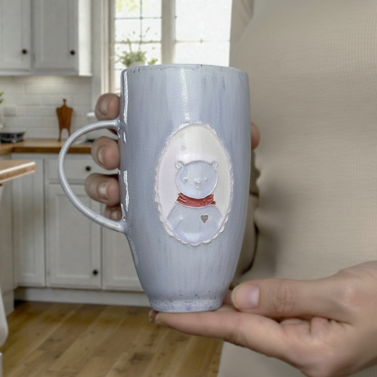 Artist-made light blue ceramic mug with a sculpted teddy bear, handcrafted unique pottery cup for tea or coffee