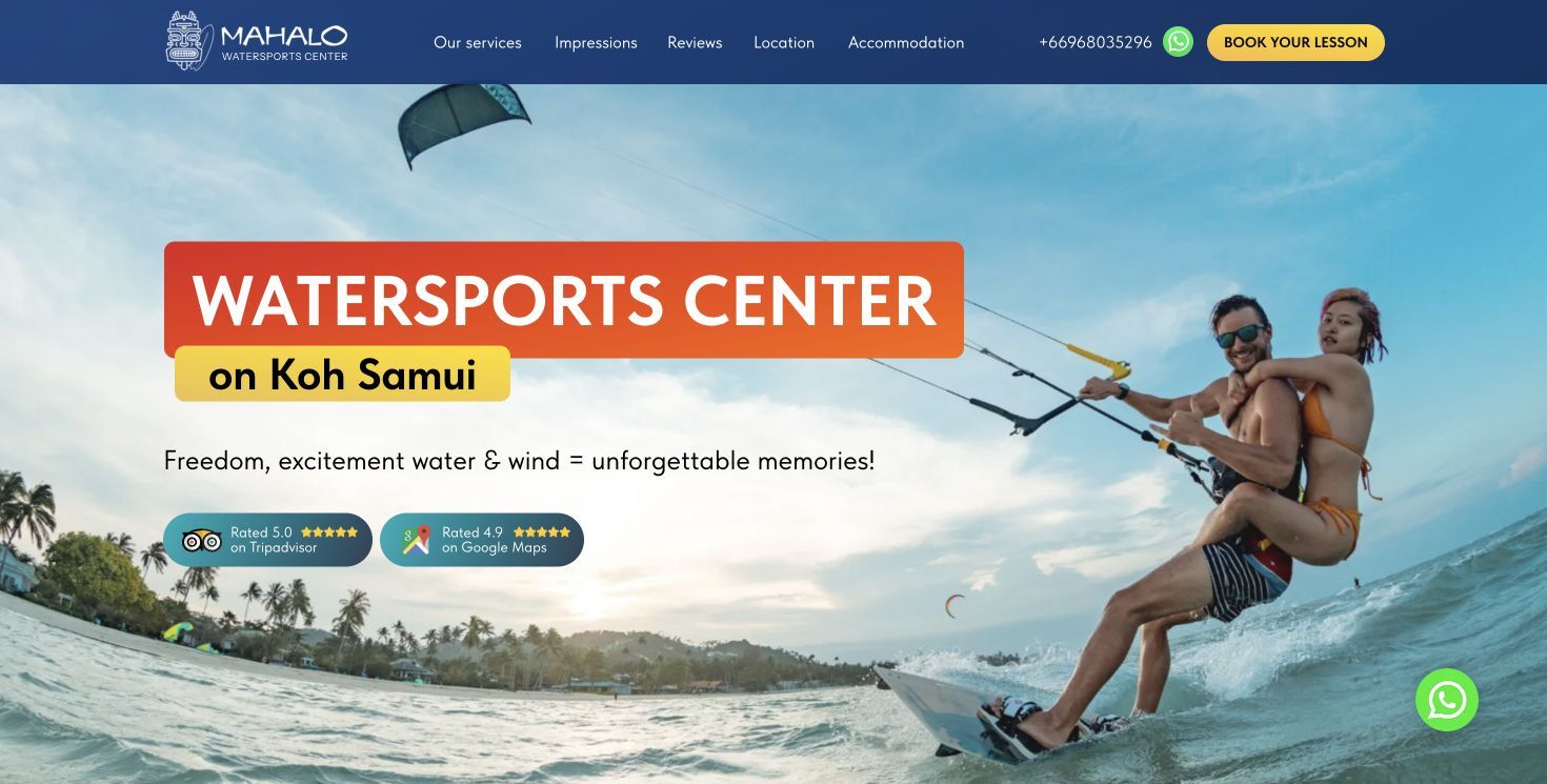 Mahalo Kitesurfing School website design — first screen