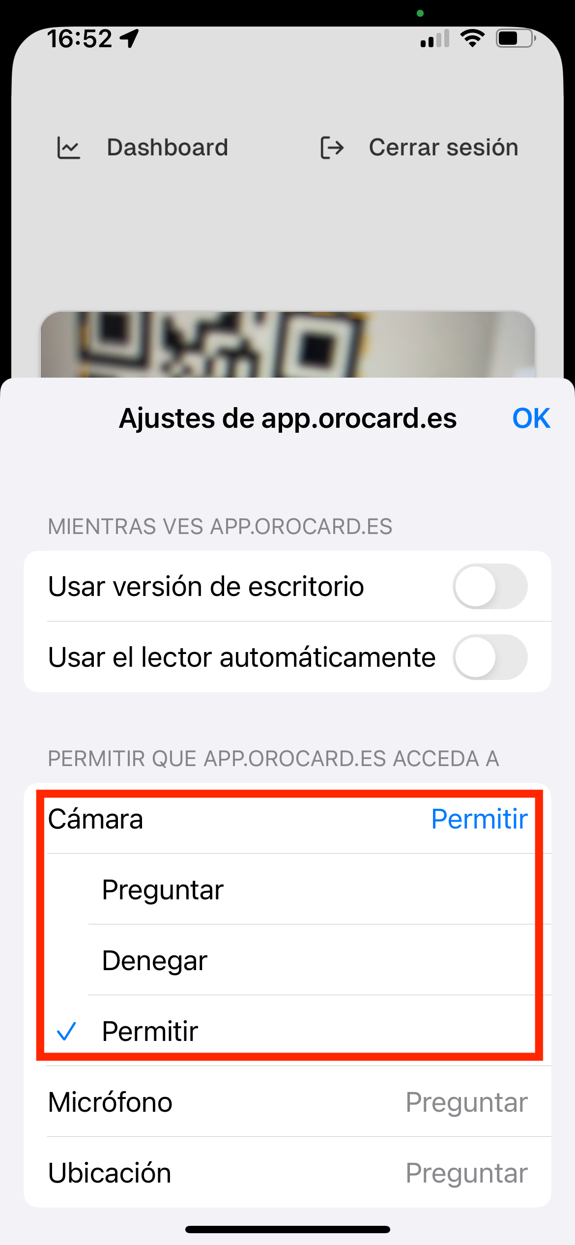 permiso de acceso a la cámara para el escáner