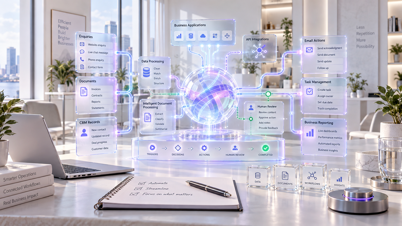 AI and automation workspace connecting enquiries, documents, CRM records, workflows and business reporting