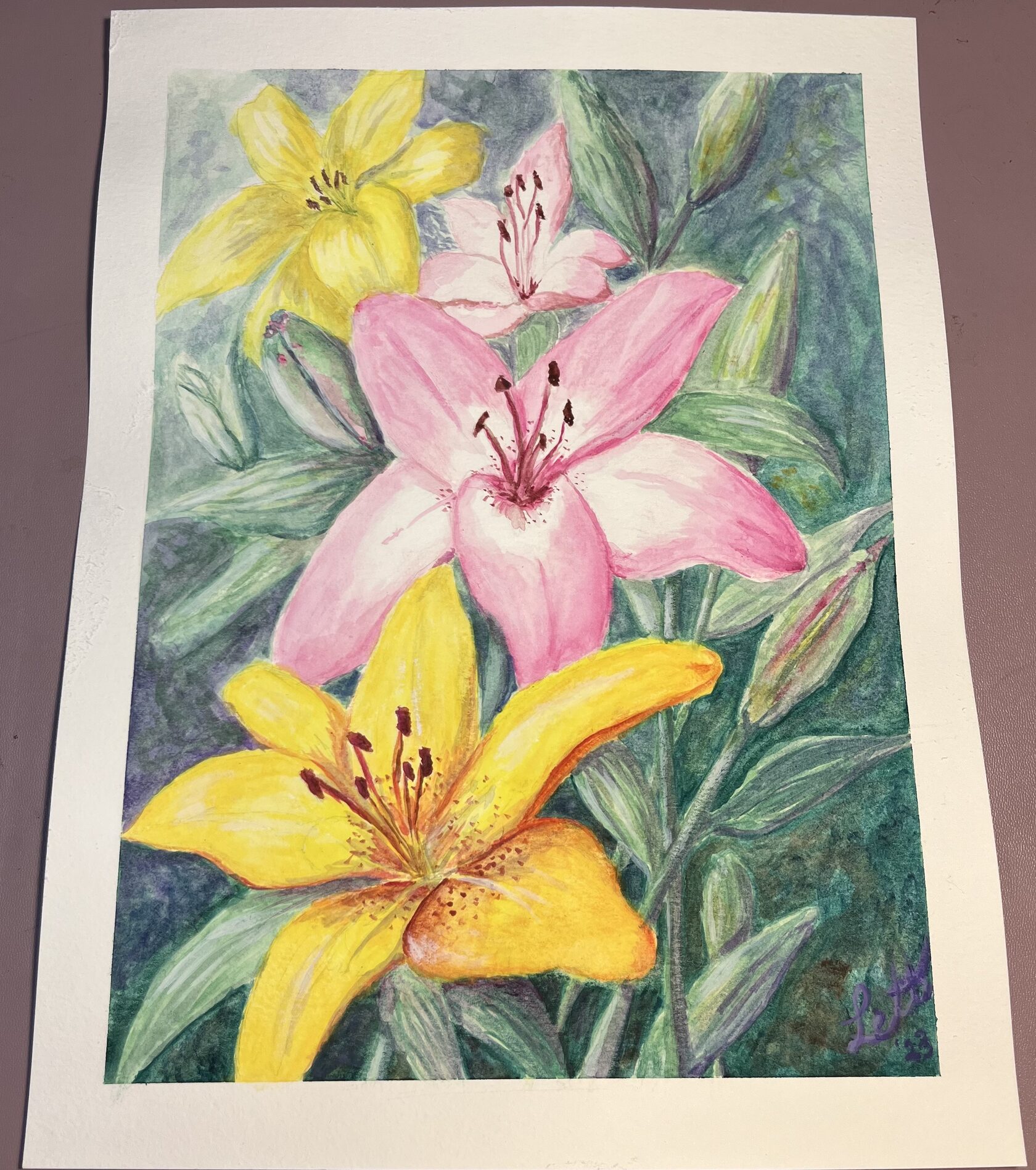 Bloom Deferred: pink and yellow lilies in watercolor, with the complete paper border visible.