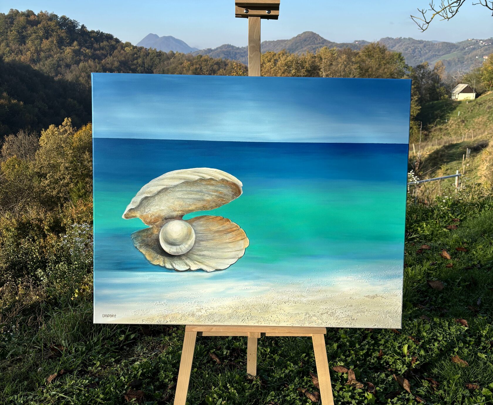 Acrylic painting pearl, mixed media, sea sand texture, open seashell, oceanic beauty, turquoise sea, waves, large wall art for sale, buy art from artist, buy original paintings, seascape, painting for sale Oxana Kravtsova Oxypoint