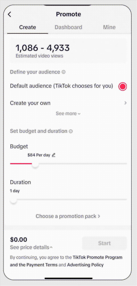 Бюджет и длительность продвижения в Promote TikTok