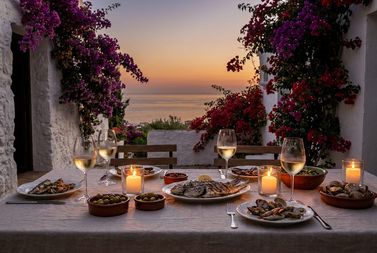 Mesa de cena en una terraza mediterránea al anochecer