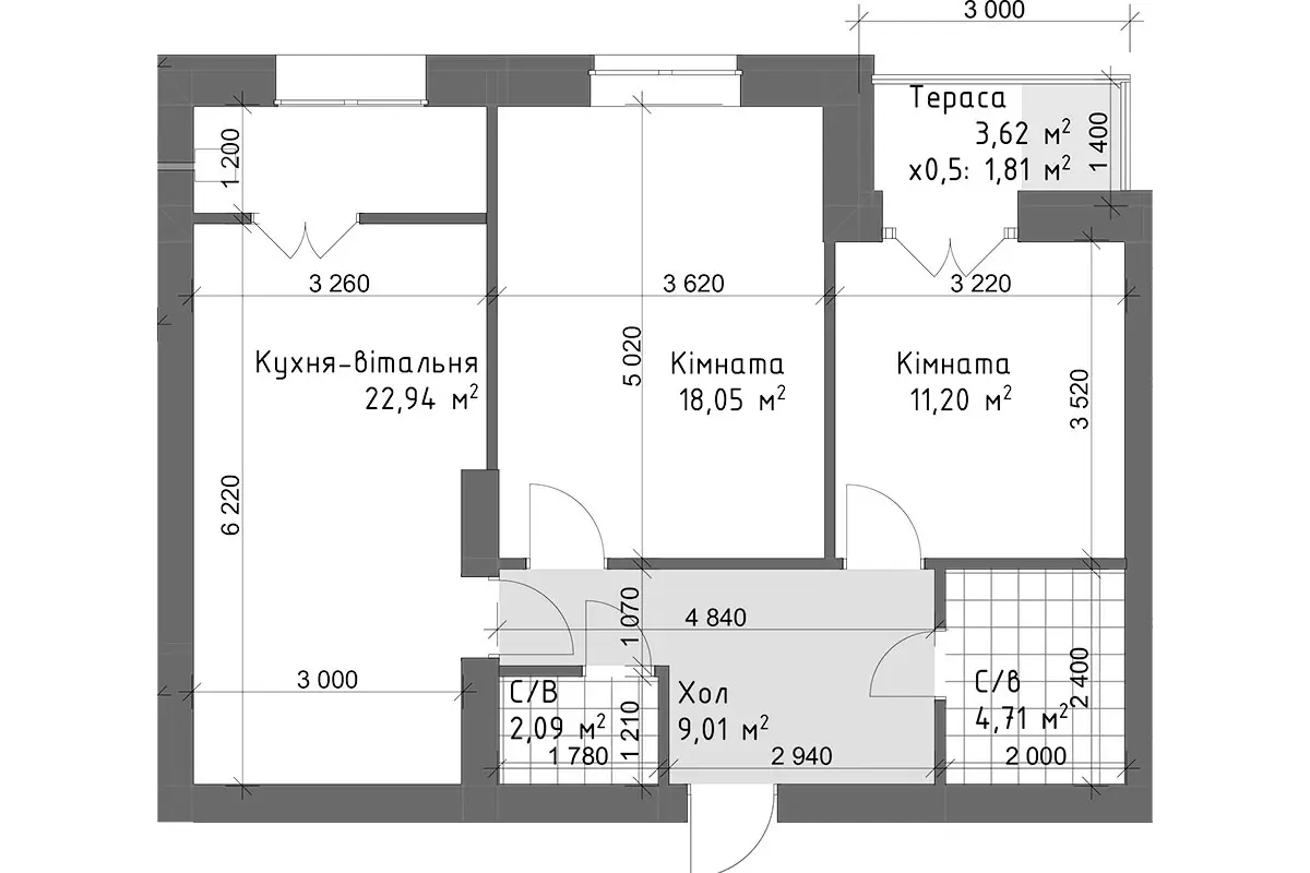 Планування 2-кімнатної квартири в ЖК Чайка Люкс — варіант 4
