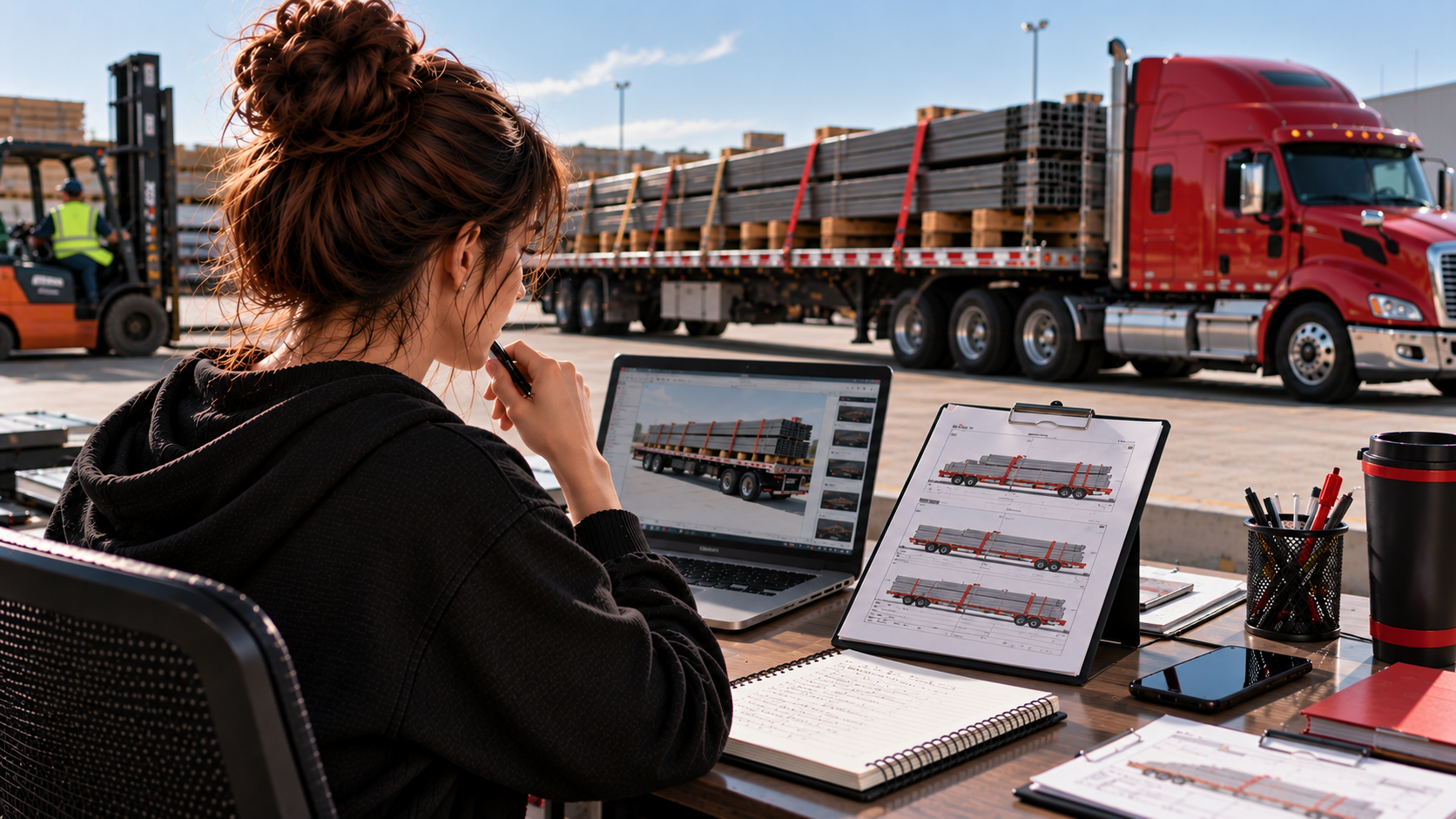 A dispatcher reviewing a flatbed load specification sheet with a properly parked flatbed tractor-trailer in the background