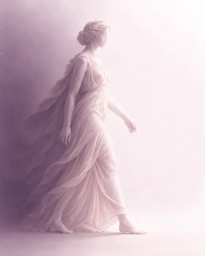 A sculpted figure mid-stride, stepping out of shadow into light