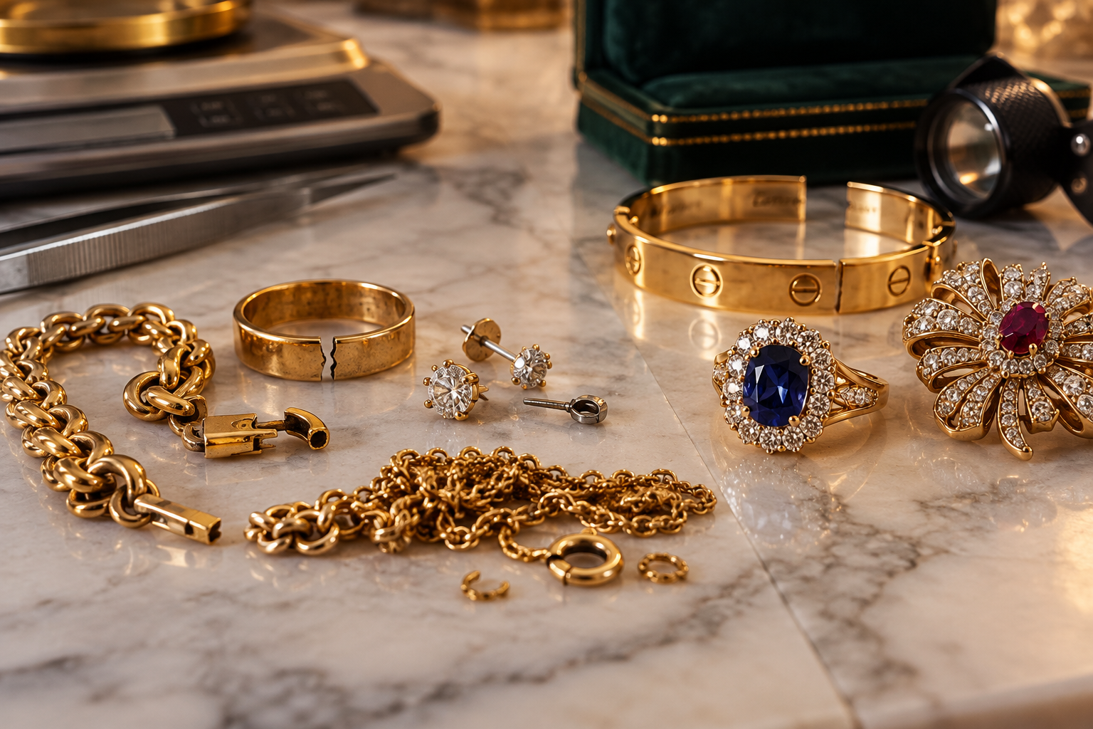 Broken gold jewelry being evaluated on a jeweler’s marble work surface, illustrating the difference between metal value and finished-jewelry resale value.