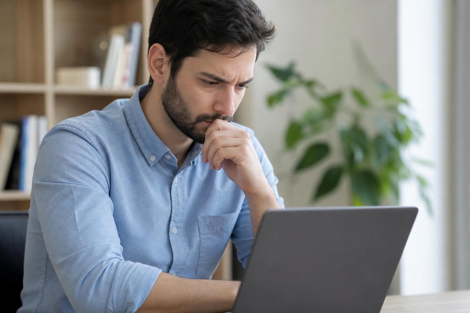 Bearded man in a blue button-down shirt looking concerned and thoughtful while staring at a laptop screen in a bright office.