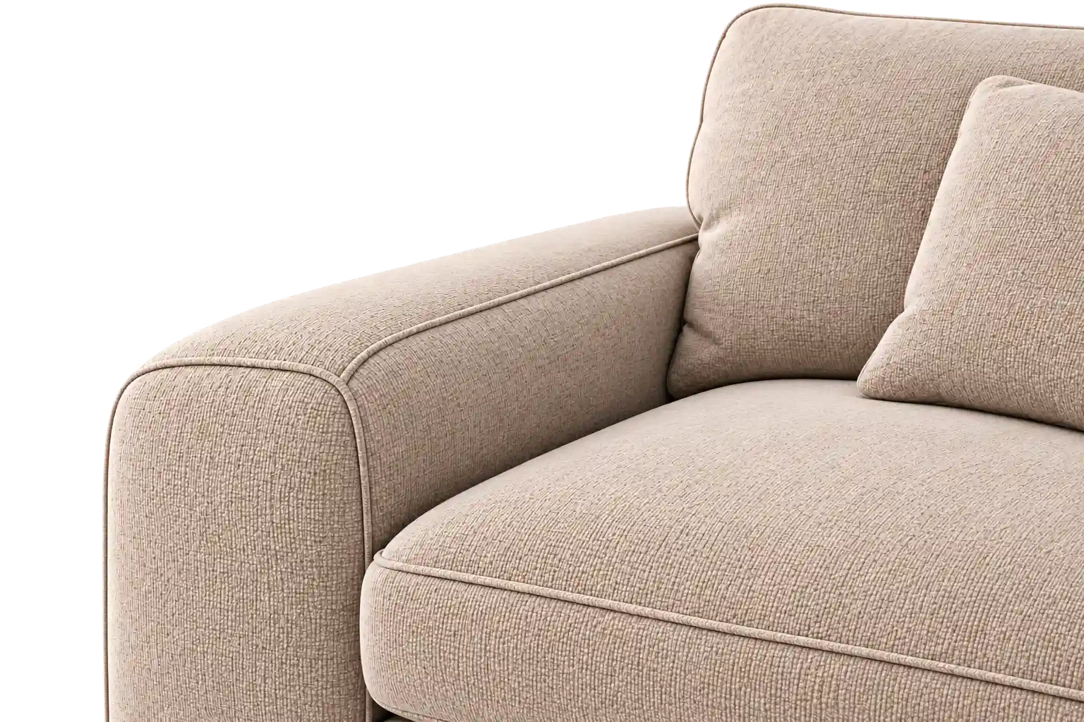 Detailansicht der R&uuml;ckseite eines beigen Ecksofas mit gepolsterter Armlehne, R&uuml;ckenkissen und sorgf&auml;ltig gearbeiteten N&auml;hten. Bei jeder Ecksofa-Reinigung in Frankfurt r&uuml;ckt Shikardos Reinigung das M&ouml;bel von der Wand ab und reinigt auch diese sonst unsichtbare Seite.