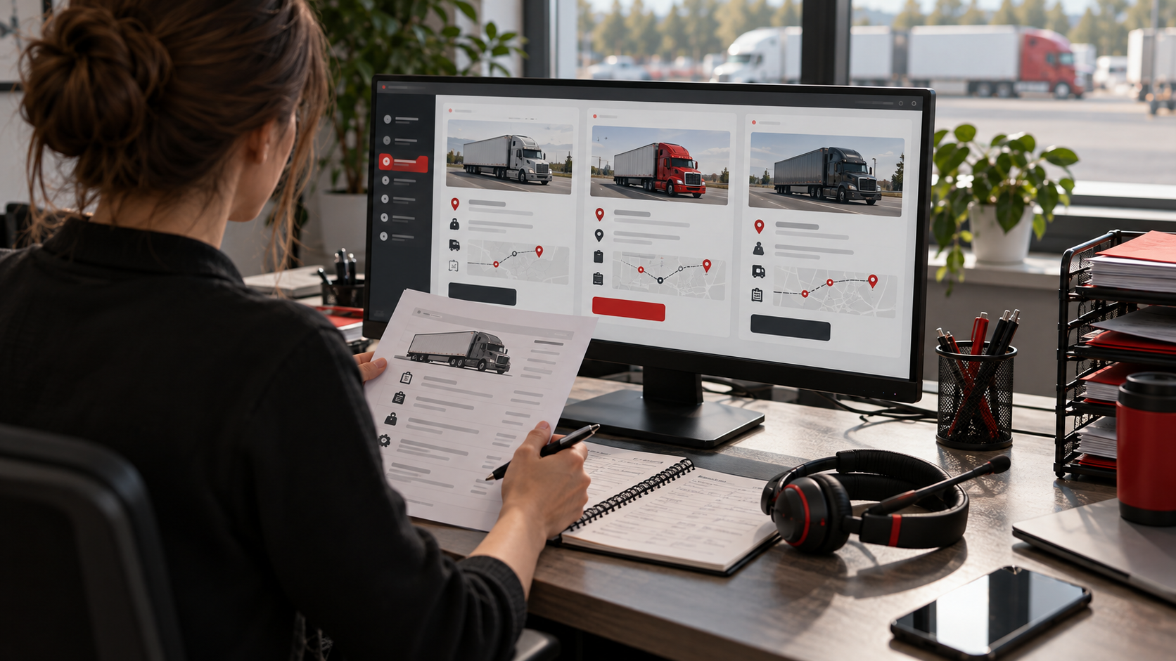 Dispatcher checking a truck profile before comparing load options.