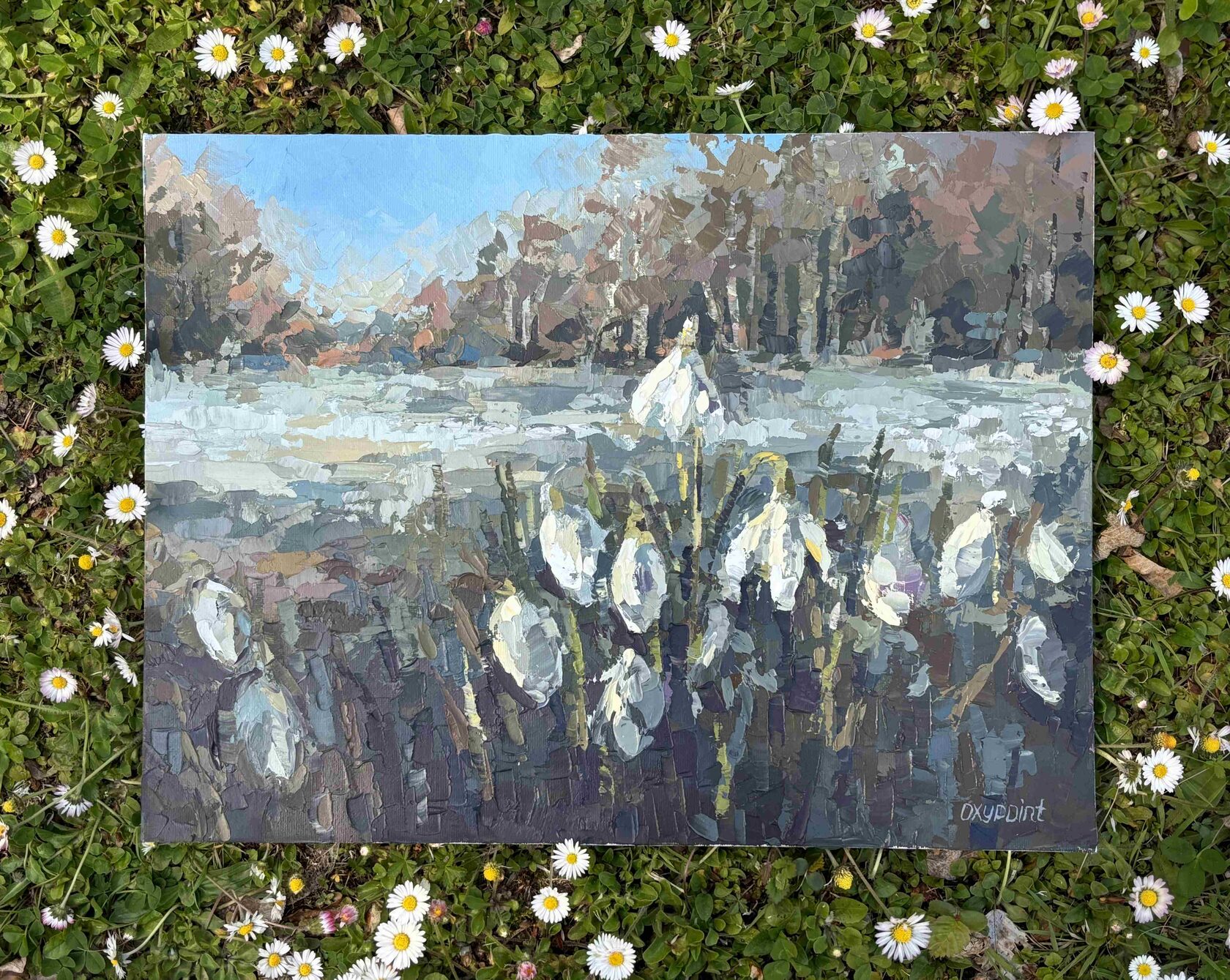 Snowdrops flowers oil painting, wildflowers abstract art, galanthus knife painting, artist OXYPOINT Oxana Kravtsova