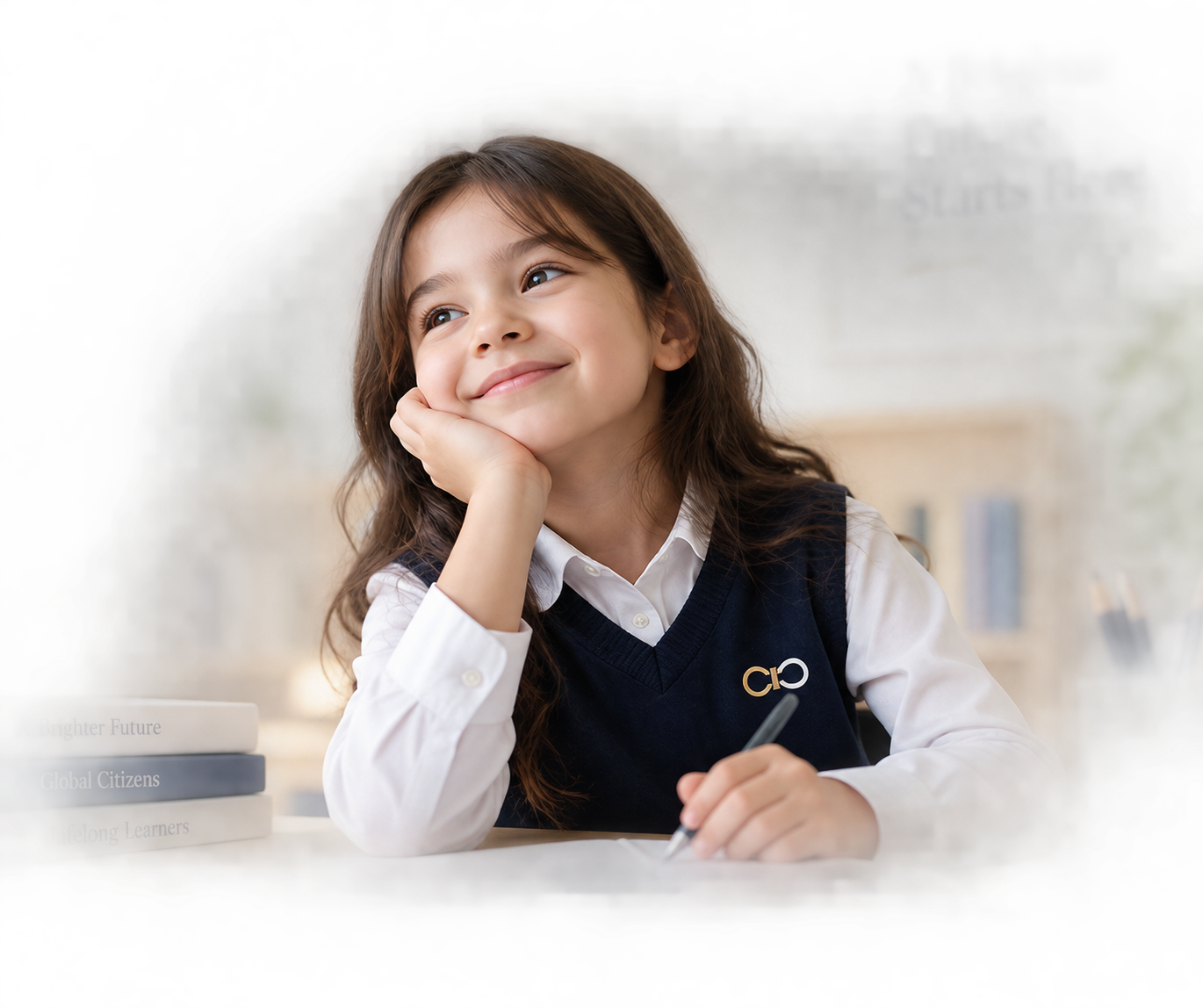Счастливая ученица Infinity International School в школьной форме