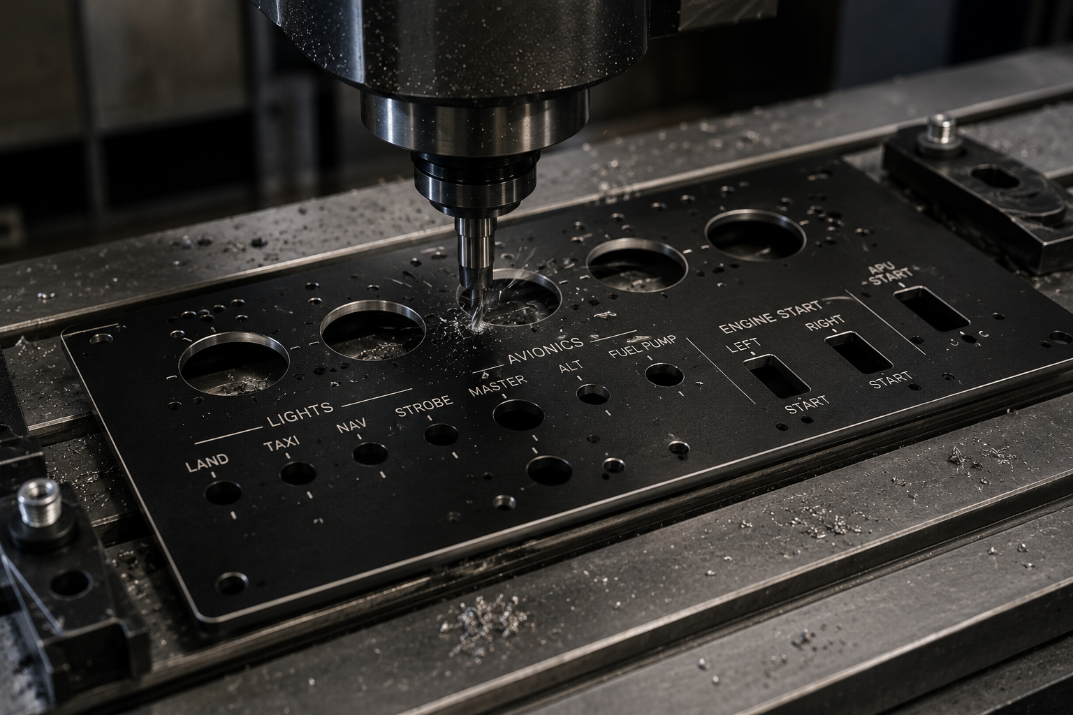 CNC machine cutting precision holes in an aircraft panel blank