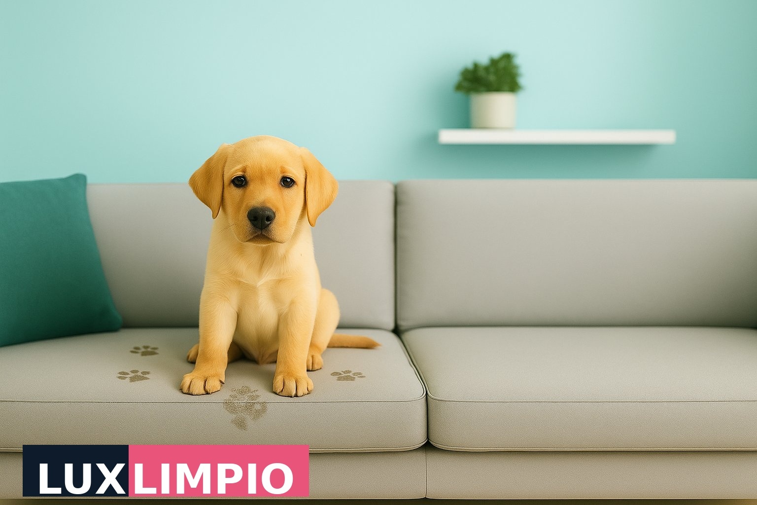 Cachorro en sofá con manchas — limpieza profesional de tapicerías en Valencia