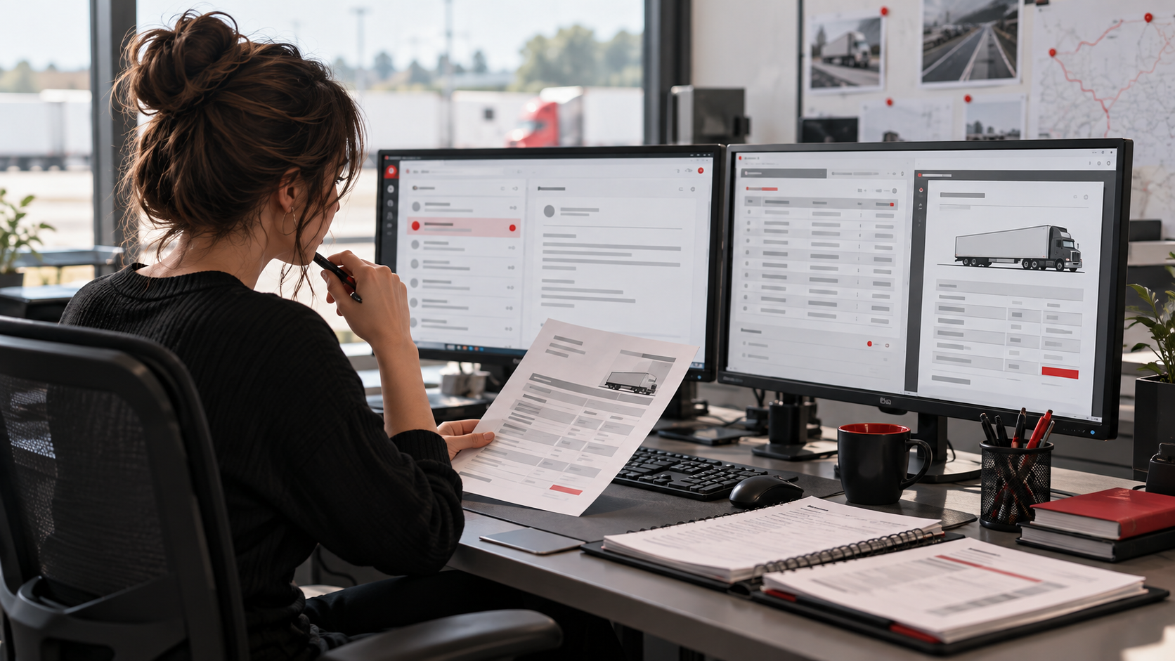 Dispatcher comparing company records and shipment communications before approval.