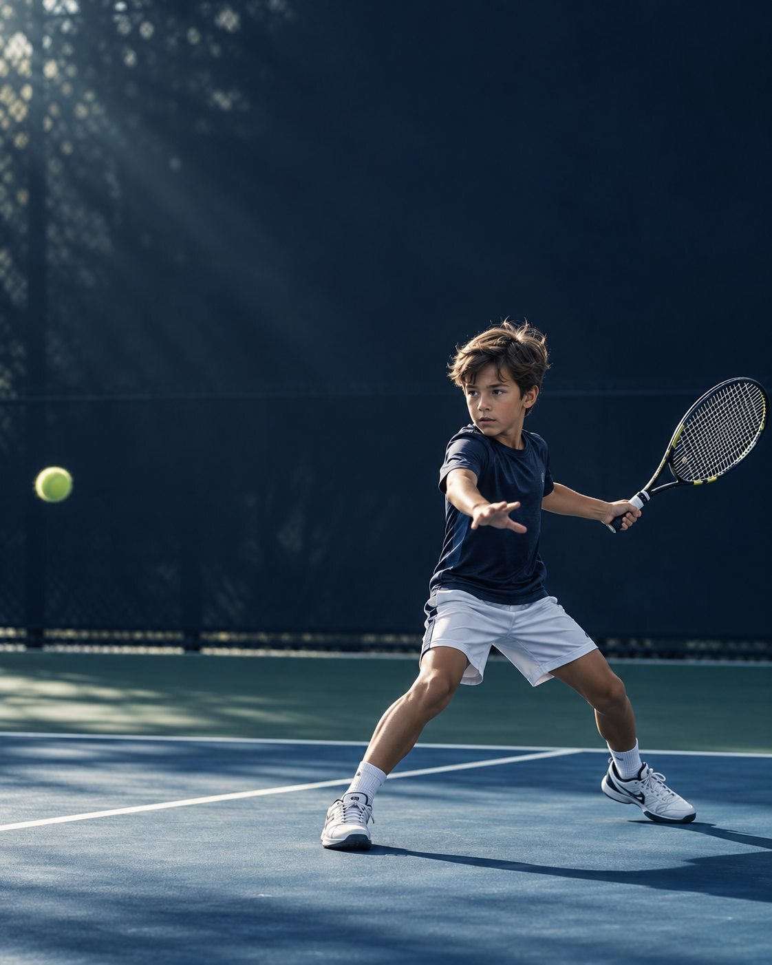 Junior player training a forehand on a blue tennis court