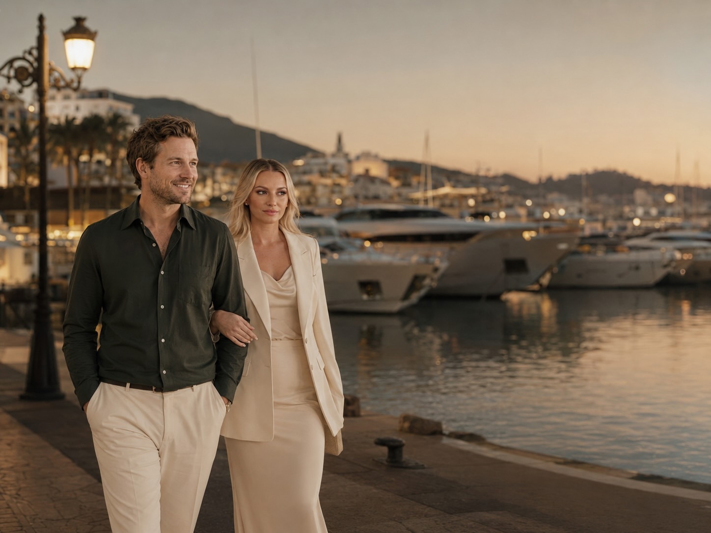 Couple strolling along the Puerto Banús marina at dusk