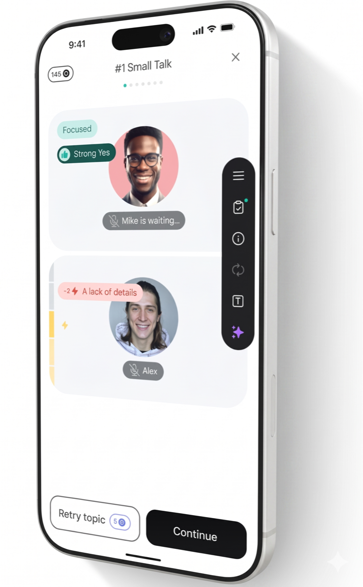 Duos app: a mock interview showing real-time feedback chips, a performance scorecard, and instant retry