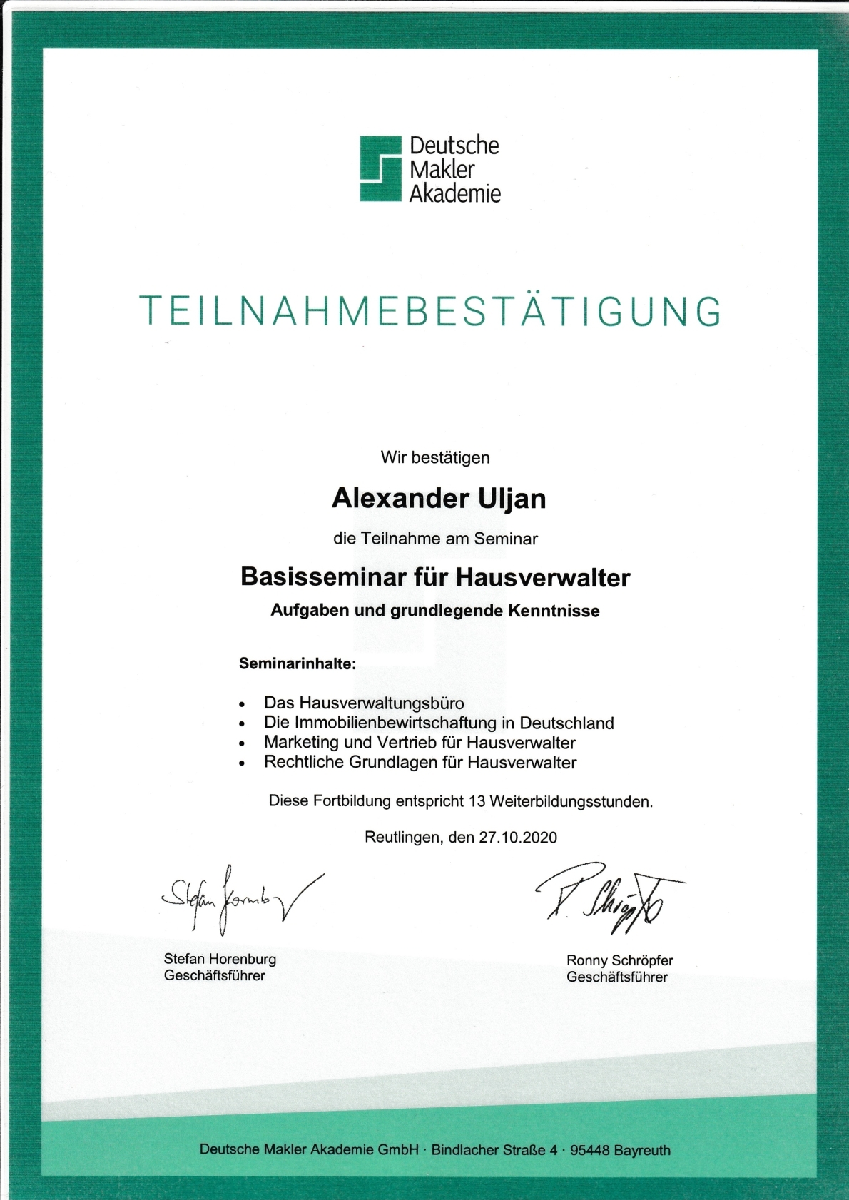 Teilnahmebestätigung Deutsche Makler Akademie