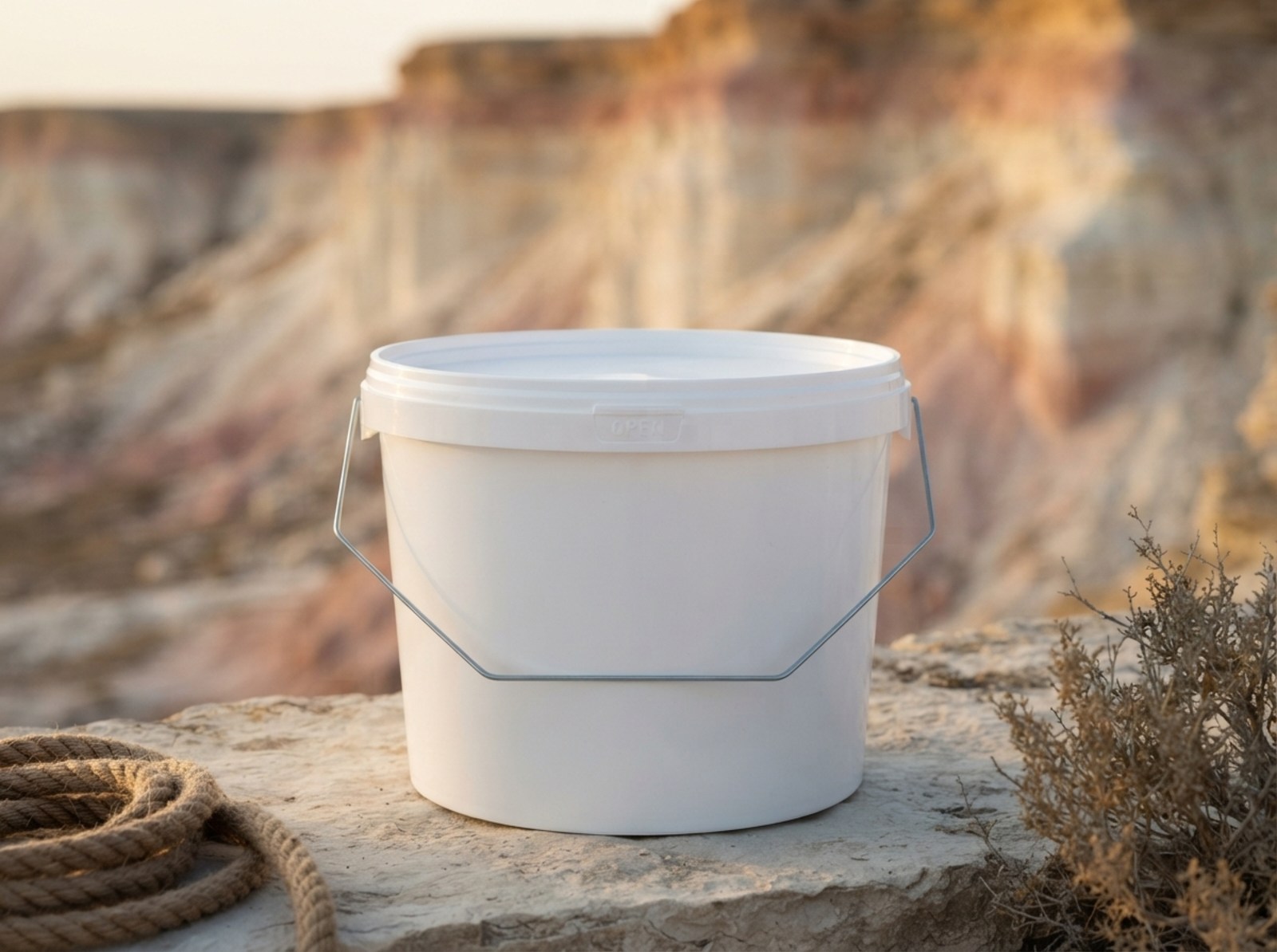 Белое пластиковое ведро 3 литра с металлической ручкой и крышкой на известняковом уступе на фоне белых и розовых меловых скал Мангистау