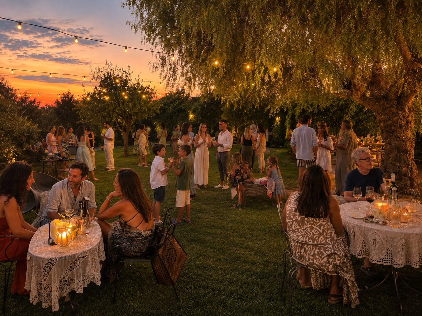 Le luci sospese sul giardino durante la serata