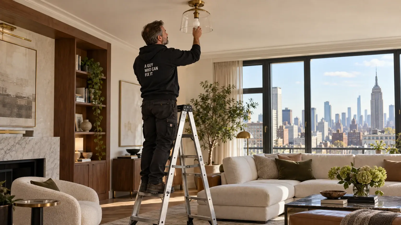 A Guy Who Can Fix It technician changing a ceiling light bulb from a stepladder in a Manhattan apartment