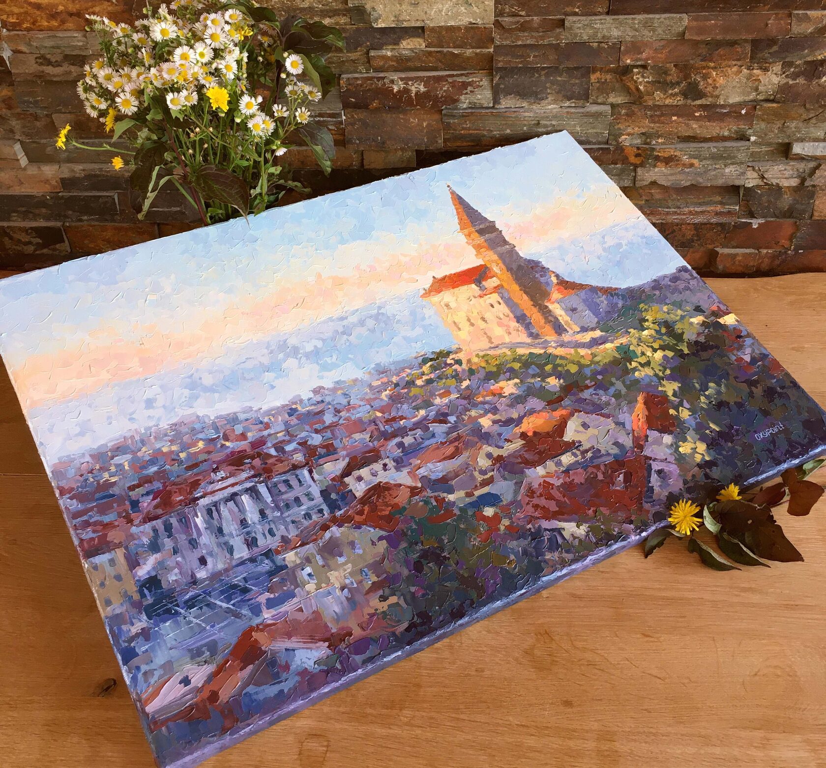 Piran oil painting, Slovenia abstract art, Slovenian landscape knife painting, artist OXYPOINT Oxana Kravtsova, painting for sale 