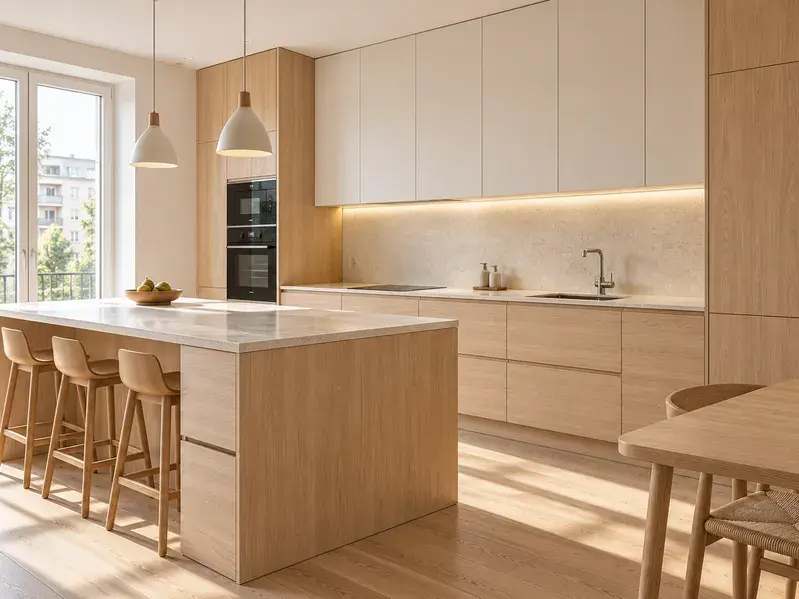 Mobilier scandinav în lemn deschis și tonuri neutre