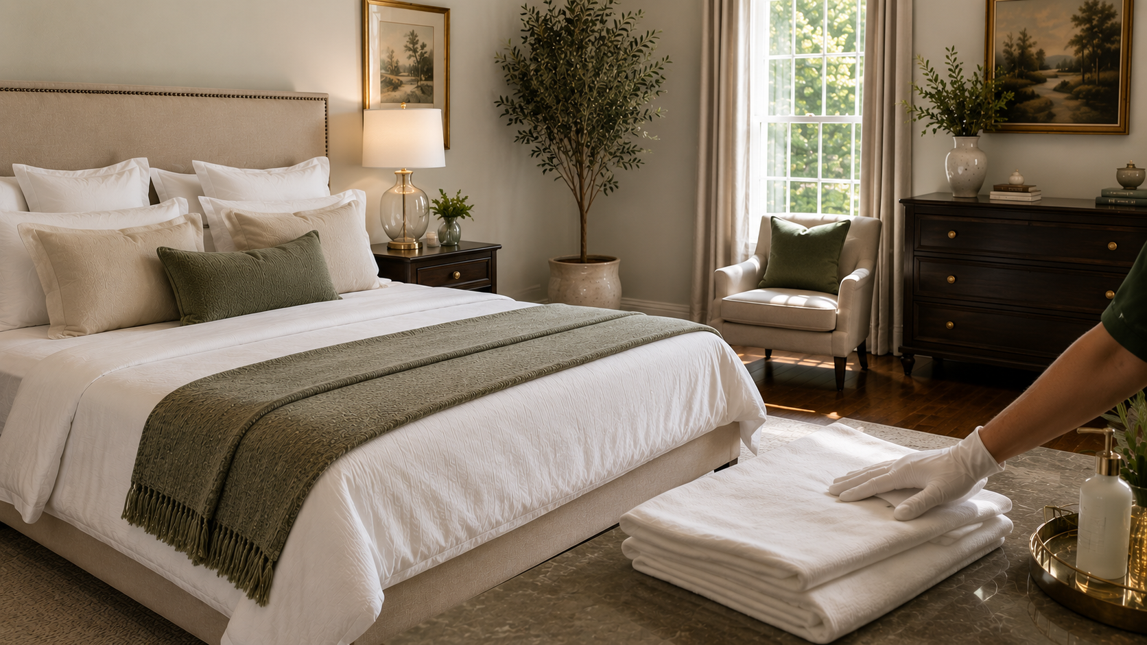 A freshly reset bedroom — the White Glove Service standard
