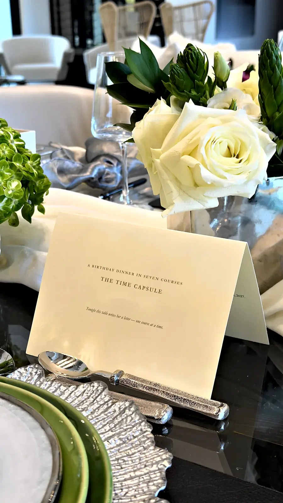 The welcome card at each place: a birthday dinner in seven courses — a time capsule birthday dinner by private chef Marina Staver in Miami